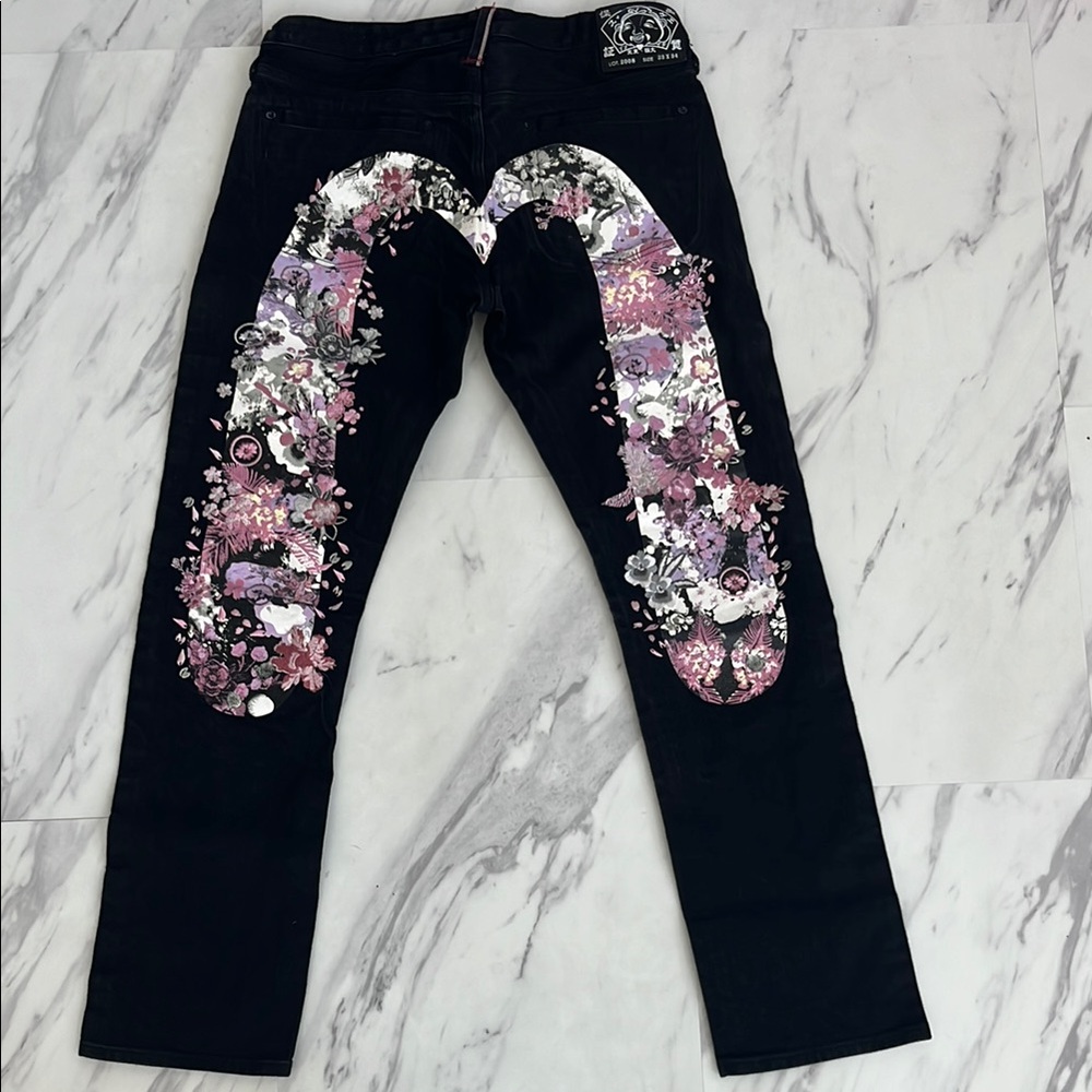Evisu Black and Pink Straight Jeans with Ornamental Sequins